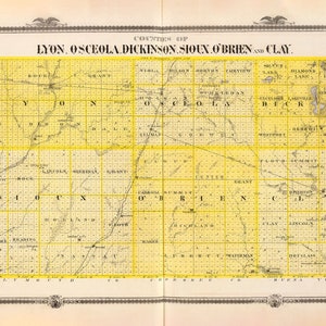 1875 Plan de Lyon Osceola Dickinson Sioux Obrien et comté de Clay Iowa