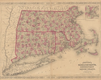 1866 Mapa de Massachusetts Connecticut y Rhode Island