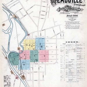 1886 Plan de la ville de Meadville, comté de Crawford, Pennsylvanie