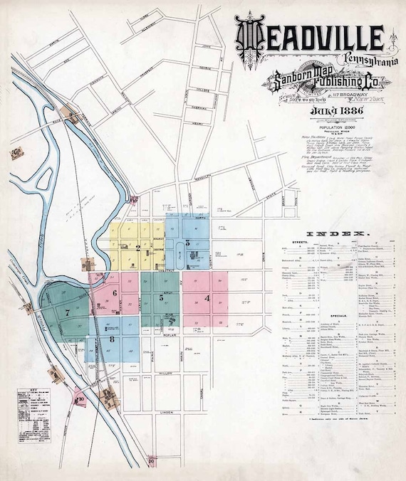 1886 Town Map of Meadville Crawford County Pennsylvania Etsy