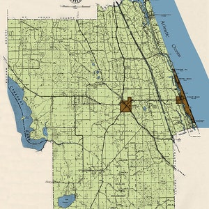 Milieu des années 1900, carte du comté de Flagler en Floride