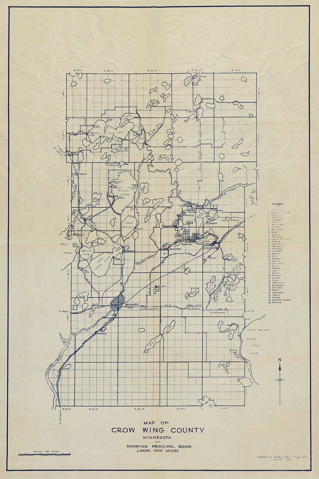 1923 Map of Crow Wing County Minnesota Showing Lakes and Mines Etsy