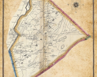 May include: An antique map of Sandyston Township, Sussex County, New Jersey, dated 1860. The map is hand-drawn and features detailed roads, rivers, and property lines. The map is surrounded by a decorative border.