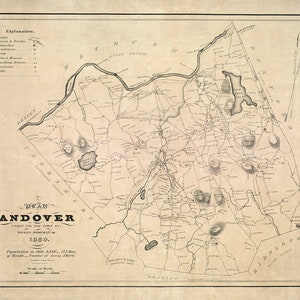 May include: A vintage map of Andover, Massachusetts, from 1850. The map shows roads, rivers, and other features of the town. The map is titled "Plan of Andover, Taken for the Town by Moses Dorman Jr., 1850."