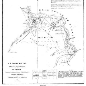 May include: A black and white map of Cedar Keys, Florida, from the U.S. Coast Survey. The map shows the coastline, islands, and waterways of the area. The title of the map is "Sketch F. No. 1 Reconnaissance of Vicinity of Cedar Keys Coast of Florida."