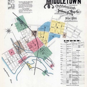 1896 Mapa de la ciudad de Middletown Condado de Dauphin Pensilvania
