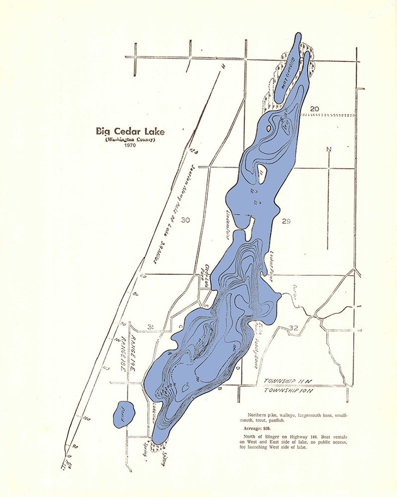 1970 Map of Big Cedar Lake Washington County Wisconsin Etsy Finland