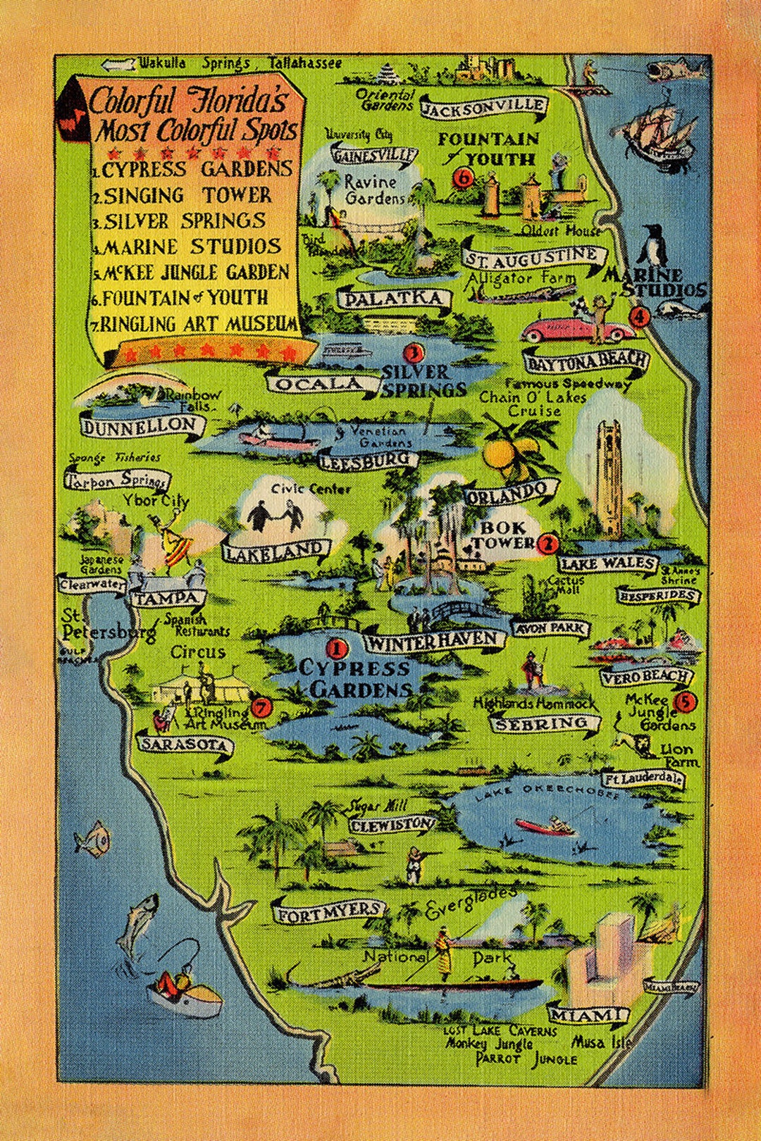 1960 Cartoon Map of Florida - Etsy