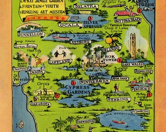 May include: A vintage map of Florida highlighting the most colorful spots in the state. The map features a green and blue color scheme with illustrations of various attractions, including Cypress Gardens, Singing Tower, Silver Springs, and the Fountain of Youth. The map also includes the names of cities and towns throughout Florida.