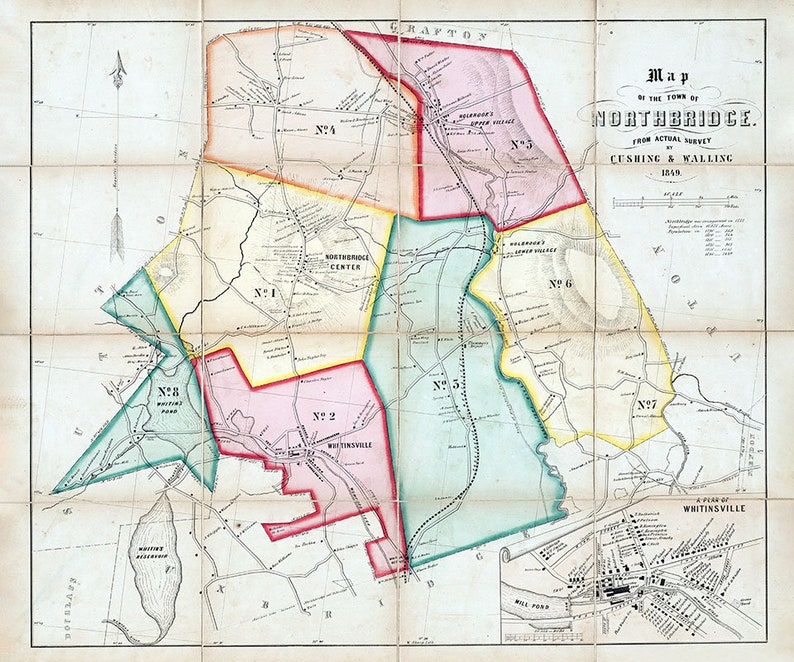 1849 Town Map of Northbridge Massachusetts Etsy