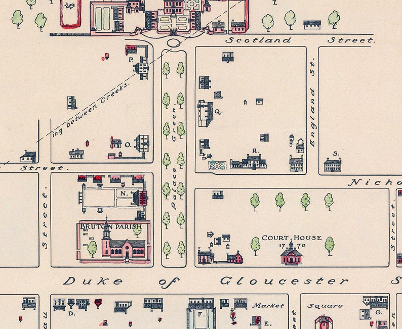 May include: An antique map of Williamsburg, Virginia, showing the layout of the city with streets, buildings, and landmarks. The map includes the text "BRUTEN PARISH" and "COURT, HOUSE 1770".