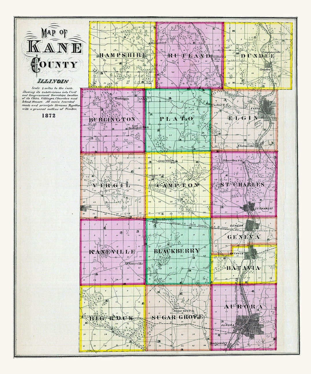 1872 Map of Kane County Illinois Etsy