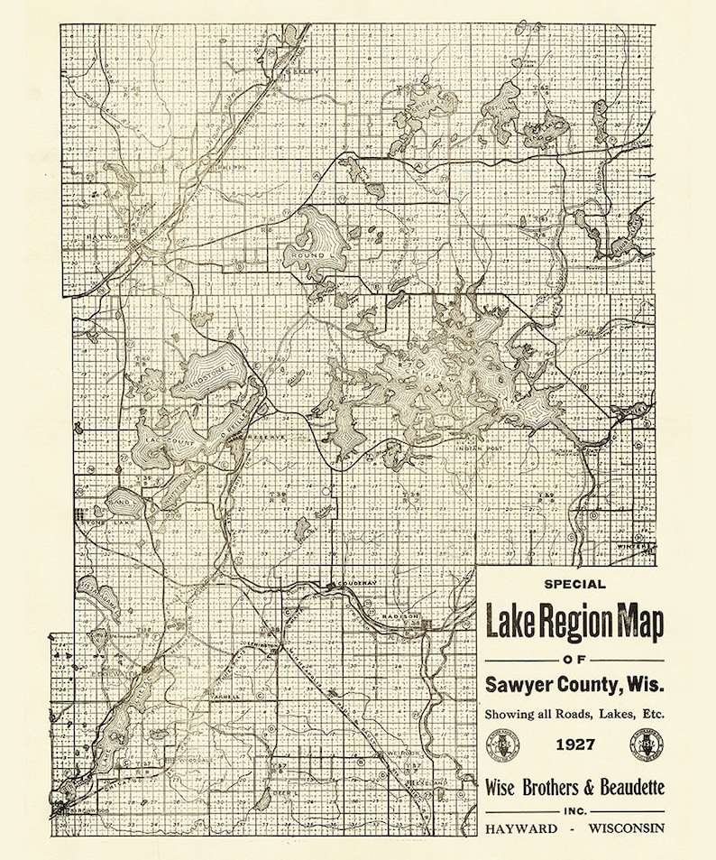 1927 Lake Region Map of Sawyer County Wisconsin Etsy