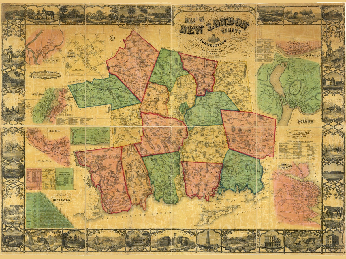 1854 Map of New London County Connecticut Genealogy Etsy