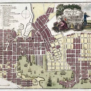 May include: An antique map of Baltimore, Maryland, showing a detailed grid layout of the city. The map is hand-coloured with a yellow background and purple streets. The map includes a compass rose, a key, and a decorative border. The text "Improved Plan of the City of Baltimore" is at the top of the map.