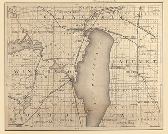 May include: A vintage map of Winnebago County, Wisconsin, showing the towns and townships of the area. The map is in black and white and features a detailed grid system. The county is bordered by Lake Winnebago, which is shown in a light gray color.