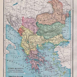 1900 Landkarte Türkei Griechenland Bulgarien Rumänien Servia and Monogr