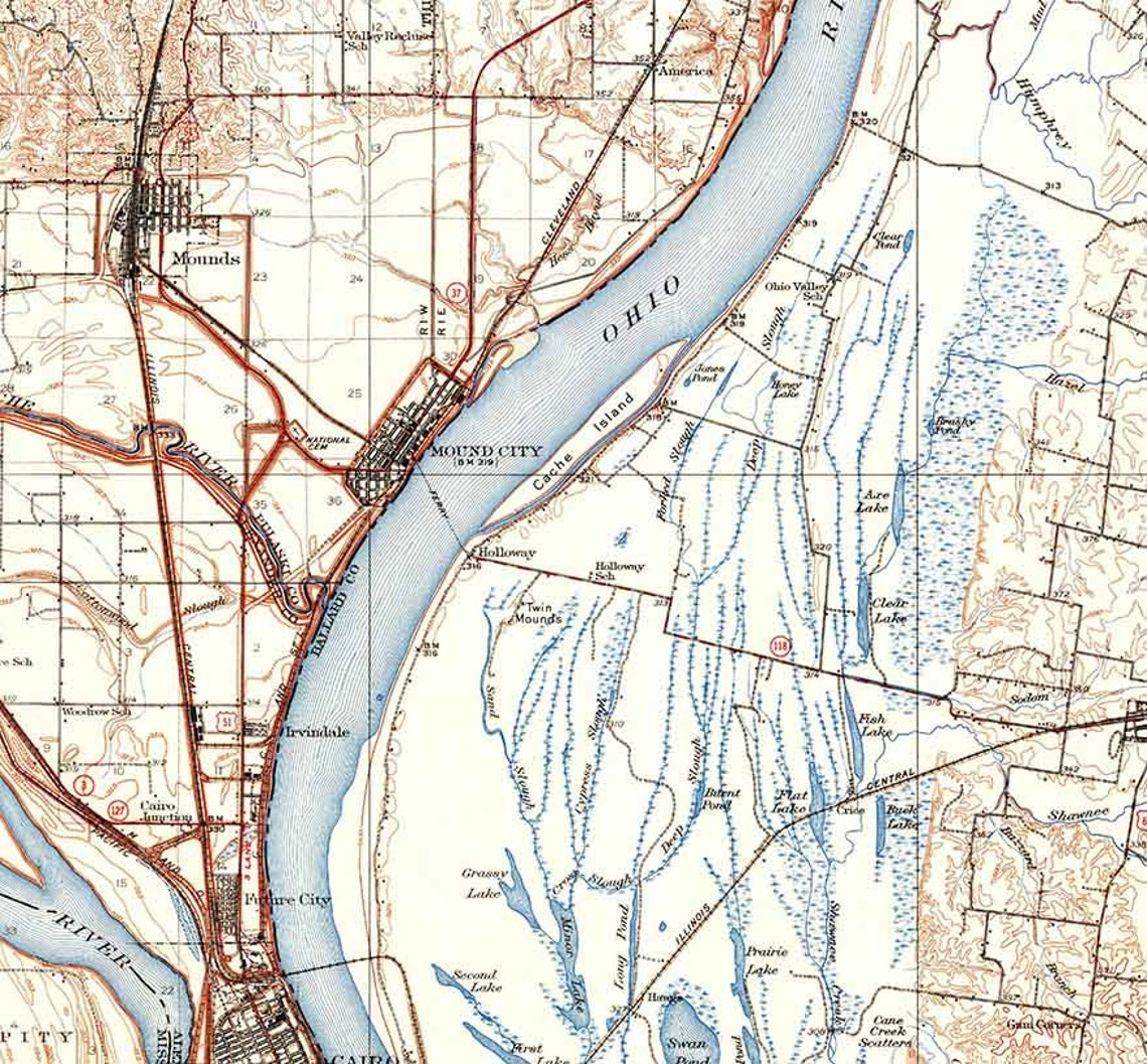 1931 Topo Map of Cairo Illinois Ohio River Mound City Etsy