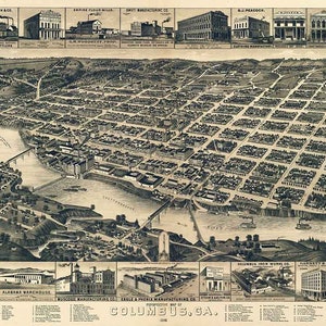 1886 Carte panoramique de Columbus, Géorgie, comté de Muscogee