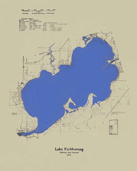 Lake Koshkonong Fishing Map 1970 Map Of Lake Koshkonong Jefferson Rock Counties Wisconsin | Etsy