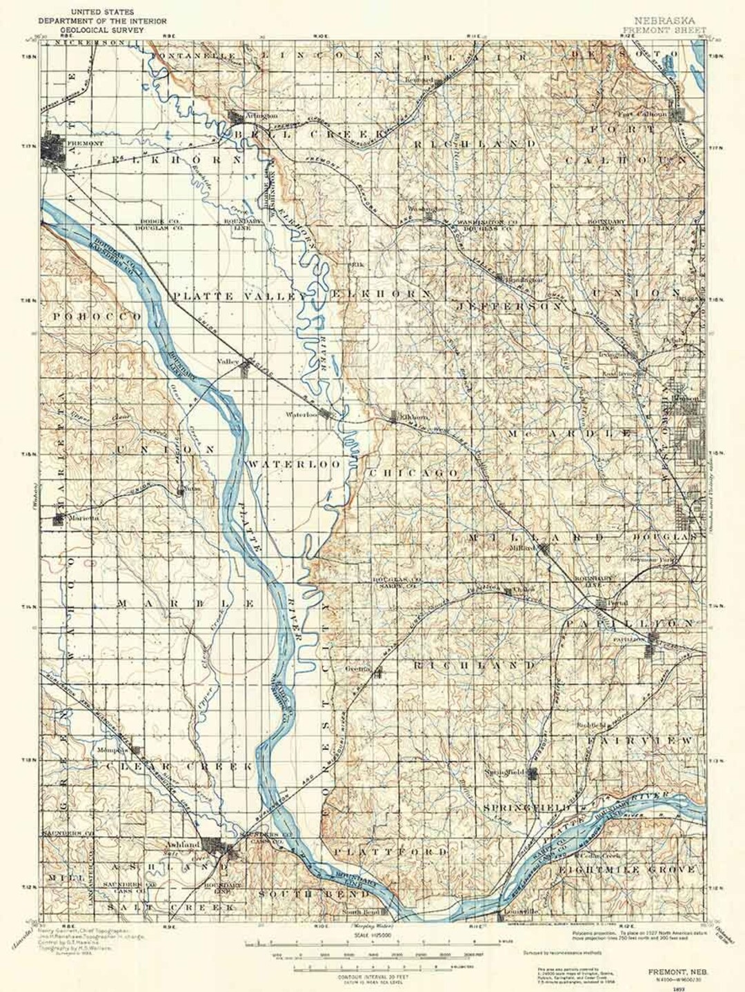 1893 Topo Map of Fremont Nebraska Ashland Etsy