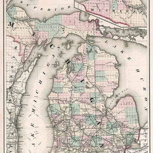 1876 Map of Michigan Railroad Lake Superior Lake Huron