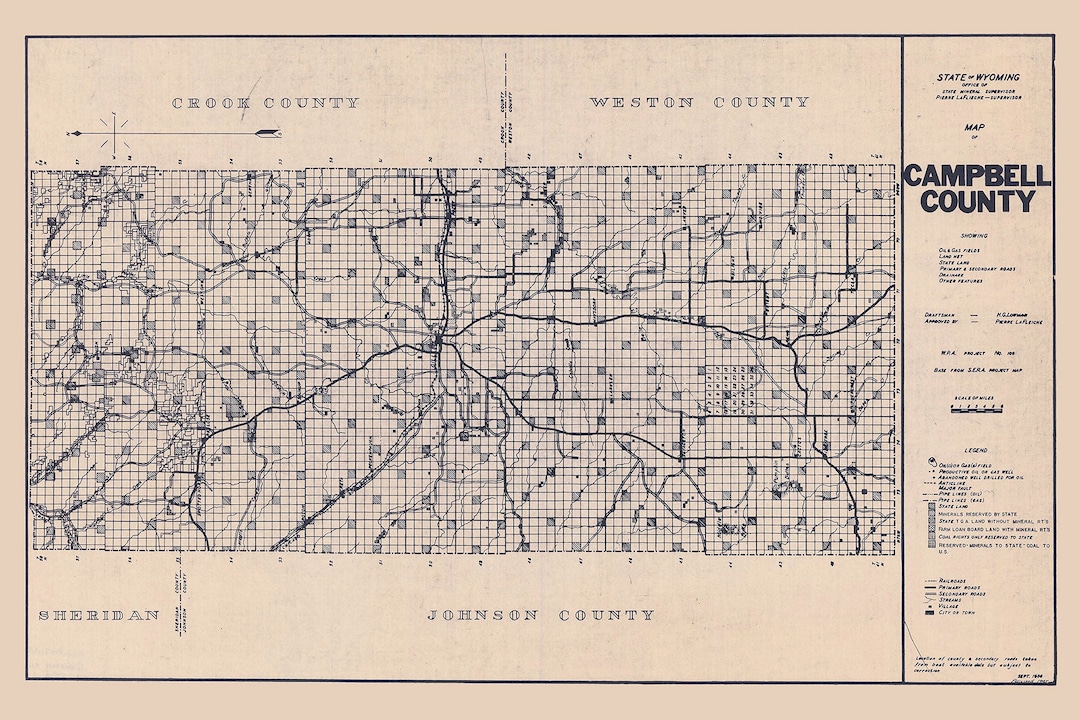 1936 Map of Campbell County Wyoming Oil and Gas Well Locations Etsy