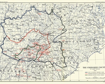 May include: A map of the Cherokee Country in 1800, showing the original Cherokee lands in green, the ceded lands in red, and the boundaries of the states of Tennessee, North Carolina, South Carolina, Georgia, and Alabama.