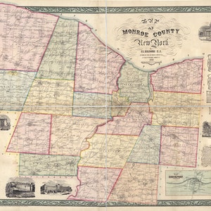 1852 Carte du comté de Monroe, New York Rochester
