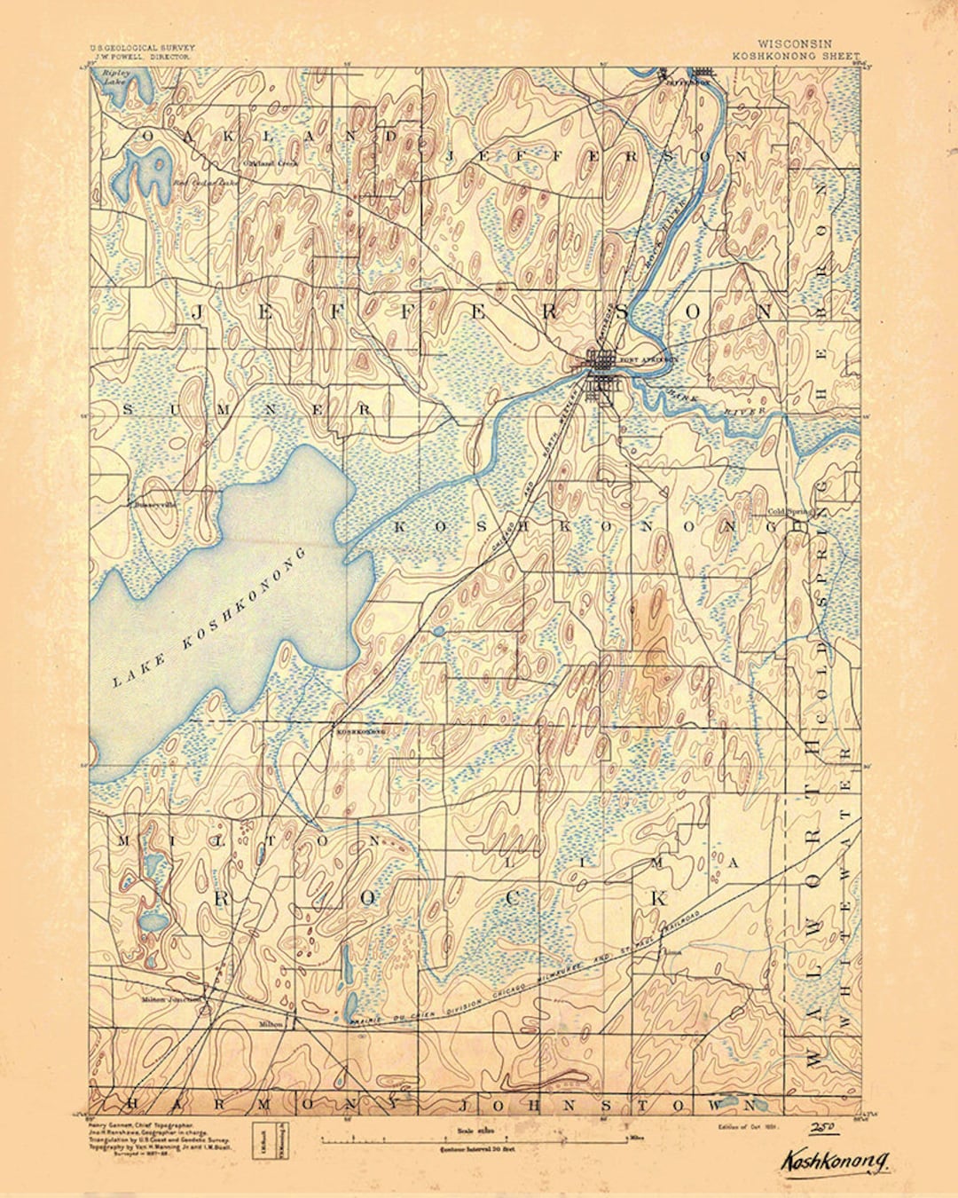 1891 Topo Map of Koshkonong Wisconsin Lake Koshkonong Etsy