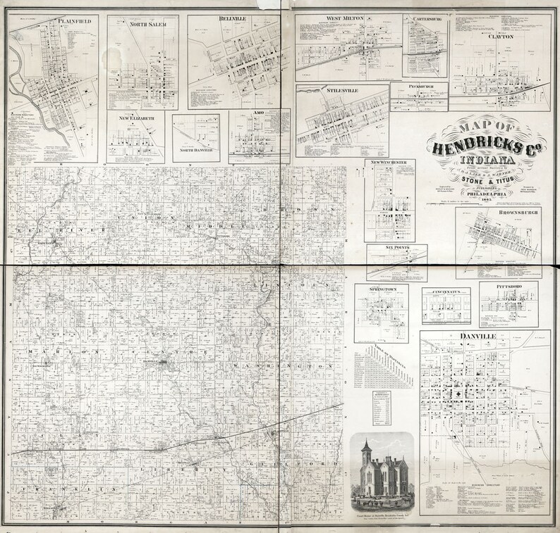 1866 Farm Line Map of Hendricks County Indiana Danville Etsy