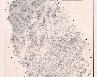 May include: A black and white map of Madison County, Virginia, showing the county's boundaries, rivers, and roads. The map was prepared by the United States Engineer Dept. in January 1872.