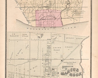 Könnte beinhalten: Eine antike Karte von Lower Chichester Township, Pennsylvania, die die Lage des Borough of Marcus Hook zeigt. Die Karte ist in schwarzer Tinte auf weißem Hintergrund gezeichnet und enthält Details wie Straßen, Flüsse und Gebäude. Die Karte ist datiert 1856.