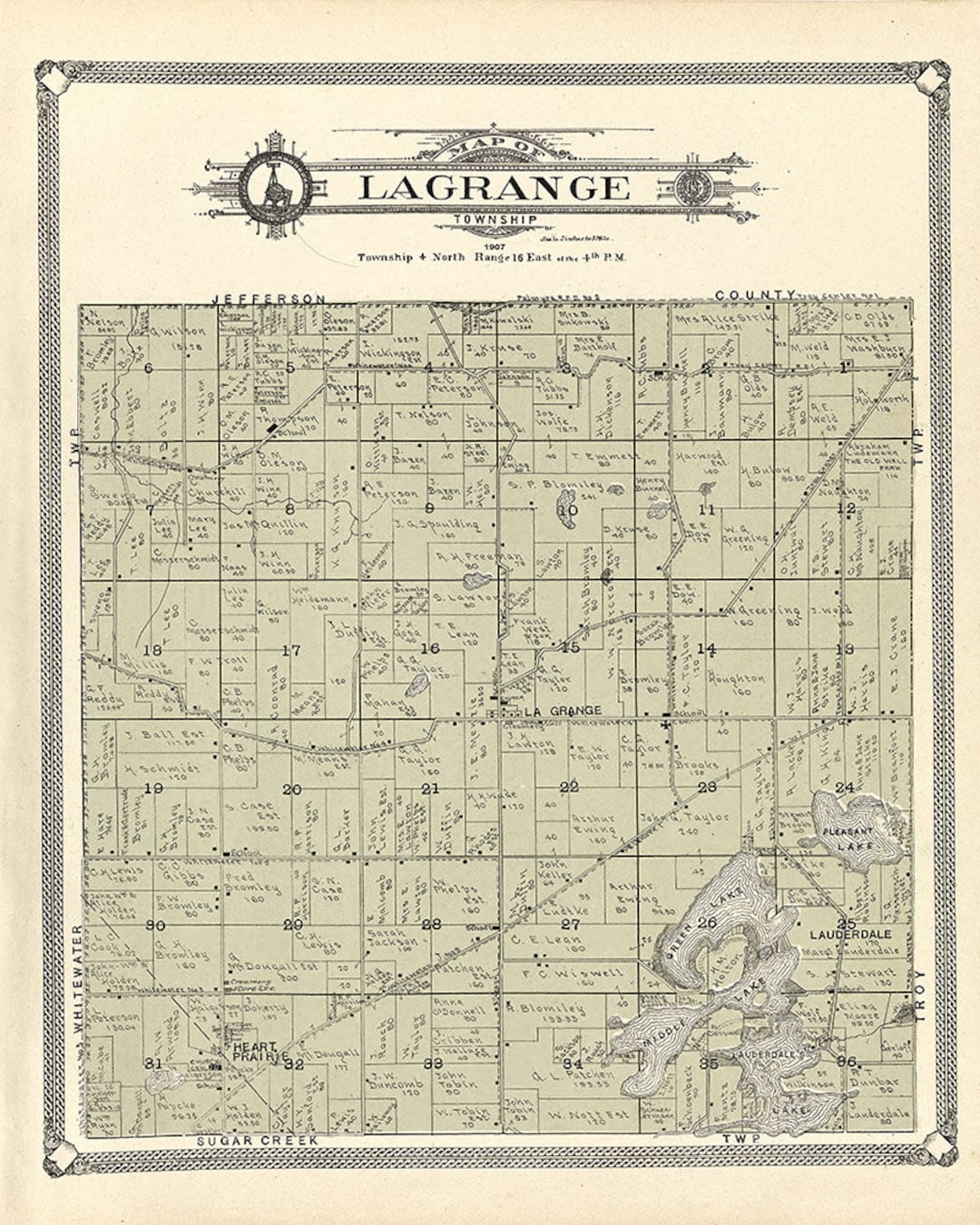 1907 Map of Lagrange Township Walworth County Wisconsin Etsy