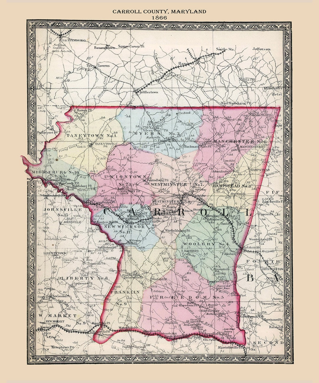 1866 Map of Carroll County Maryland Etsy