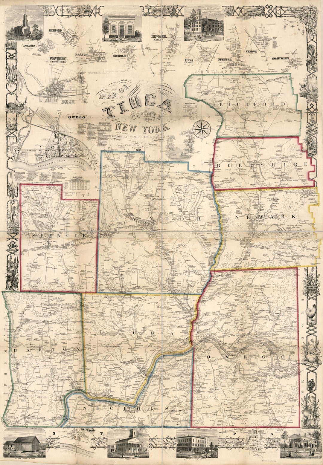 1855 Map of Tioga County NY From Actual Surveys Owego Etsy