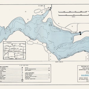 May include: A black and white map of Harrison Lake in Fulton County, Ohio. The map shows the lake's depth contours, shoreline, and surrounding features, including roads, a camp, and a creek. The map is titled "Harrison Lake" and includes the text "Section of Fish Management, Ohio Division of Wildlife, Department of Natural Resources".