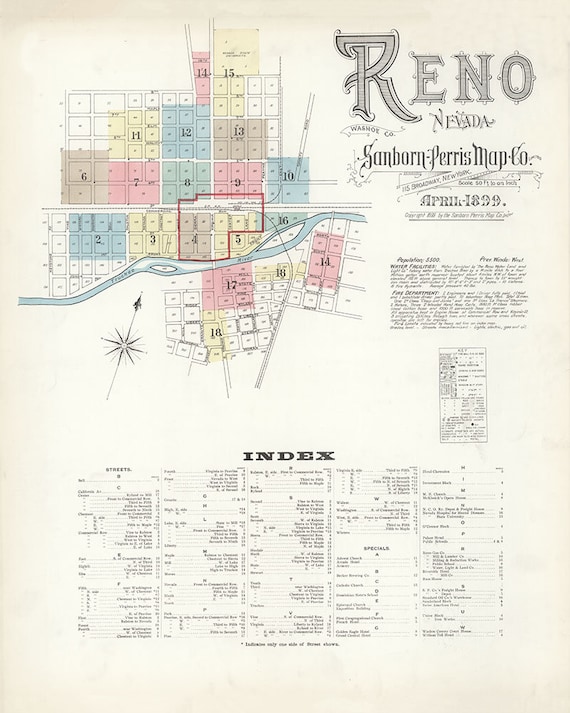 Washoe County Quick Maps 1899 Town Map Of Reno Washoe County Nevada Etsy