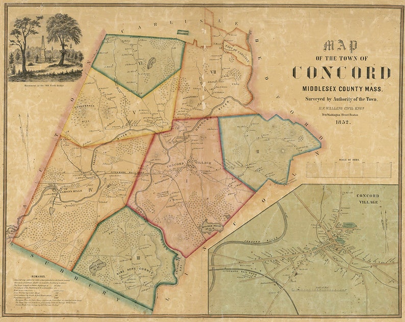 1852 Map of Concord Middlesex County Massachusetts Etsy