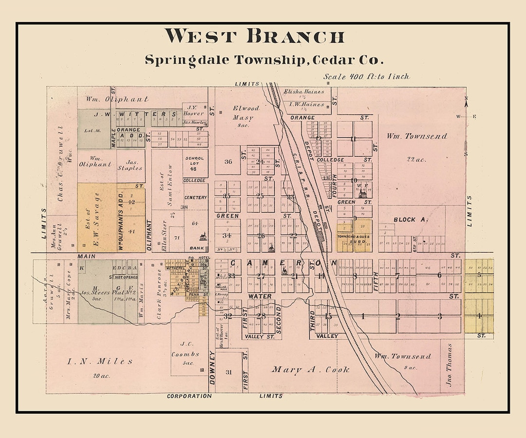 1885 Town Map of West Branch Cedar County Iowa Etsy