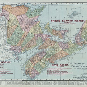 Carte du Nouveau-Brunswick, de la Nouvelle-Écosse et de l'Île-du-Prince-Édouard, Canada Maritimes, 1909