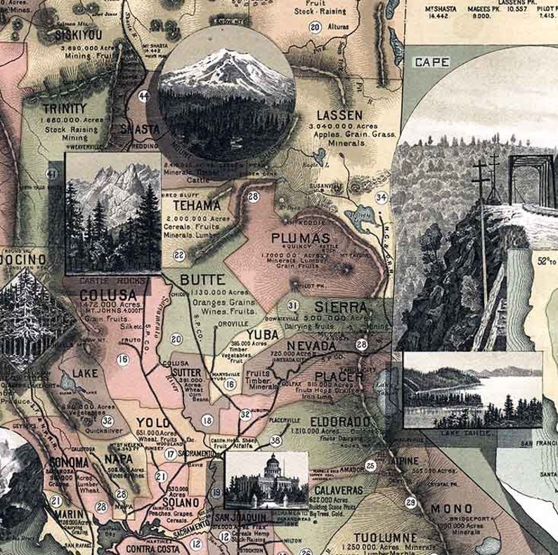 1888 Map of the State of California Sierra Mountains - Etsy