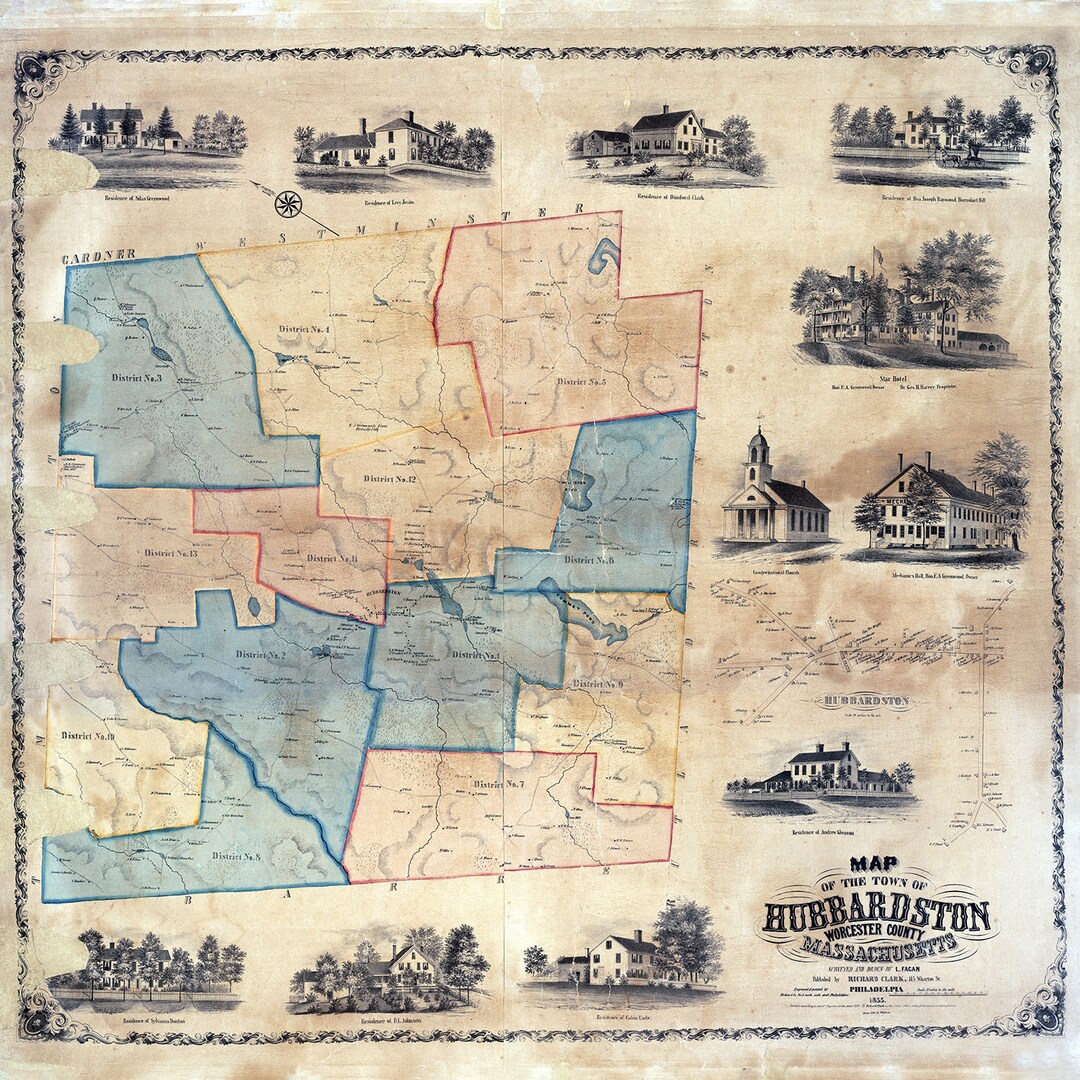 1855 Town Map of Hubbardston Worcester County Massachusetts Etsy