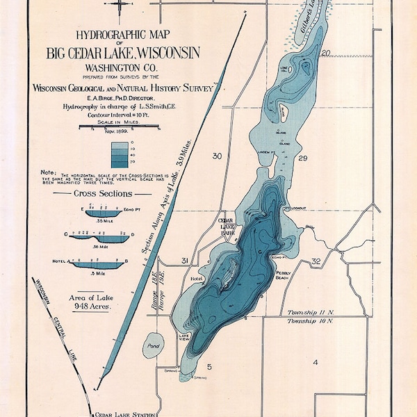 1899 Map of Big Cedar Lake Washington County Wisconsin