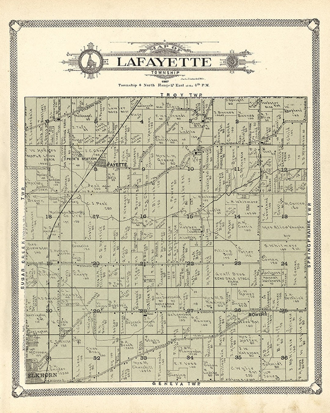 1907 Map of Lafayette Township Walworth County Wisconsin Etsy