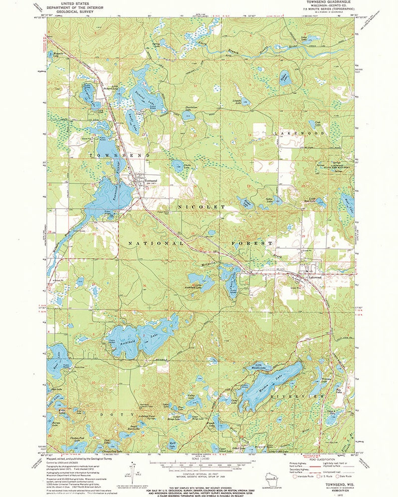 1972 Map of Townsend Quadrangle Wisconsin Archibald Lake Etsy Canada