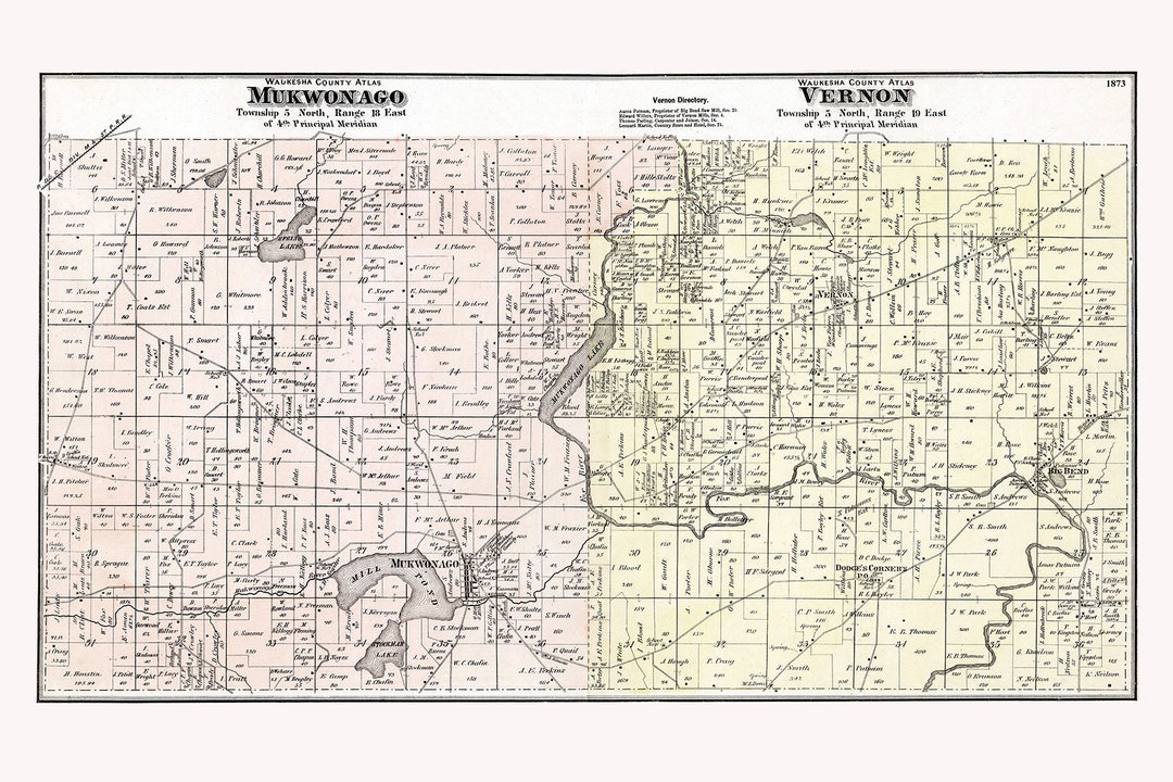 1873 Map of Mukwonago and Vernon Township Waukesha County Wisconsin Etsy