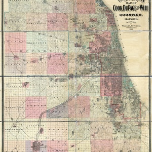 1898 Farm Line Map of Cook and Dupage County Illinois Chicago