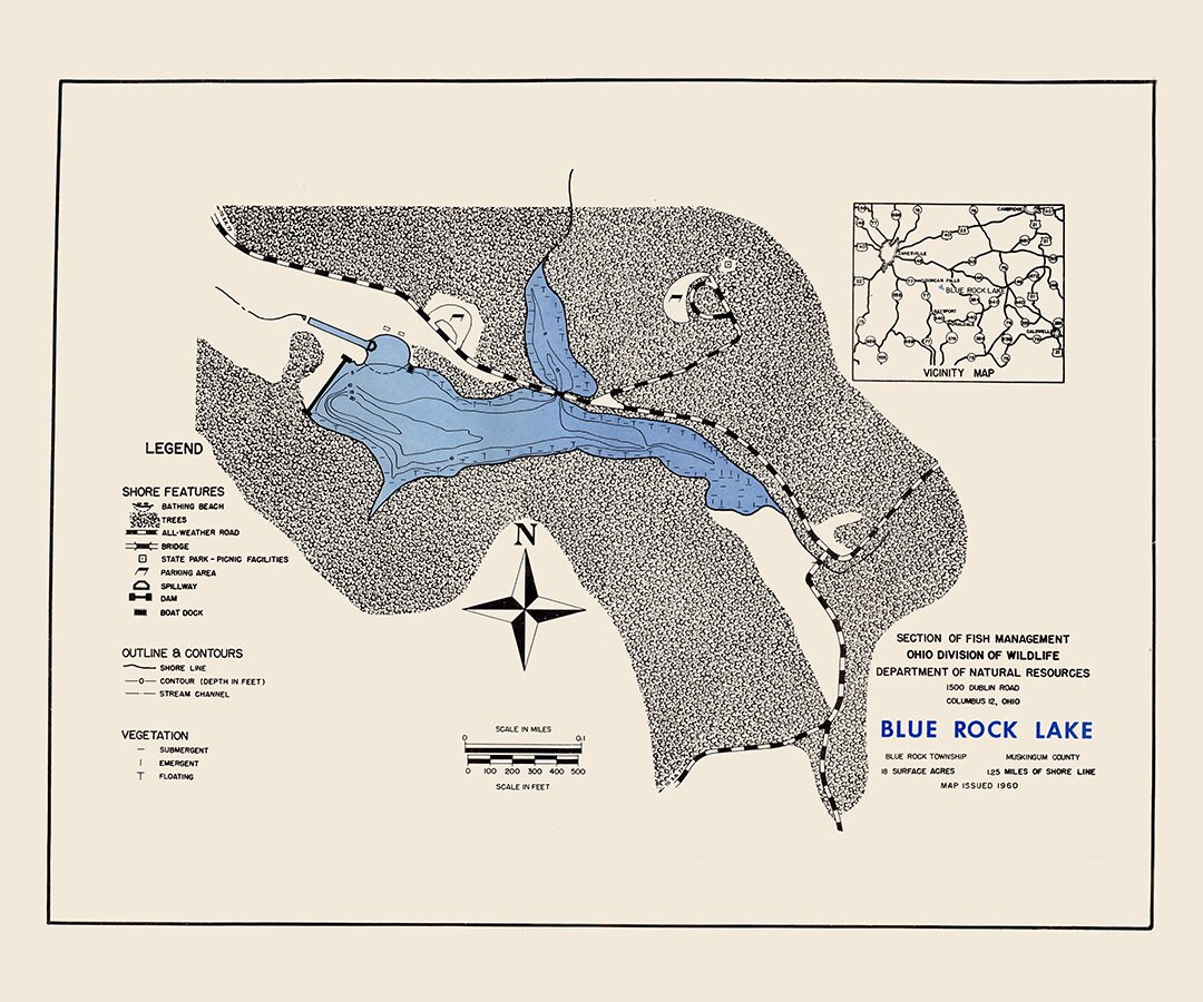 Blue Rock Ohio Map 1960 Map Of Blue Rock Lake Muskingum County Ohio | Etsy Uk