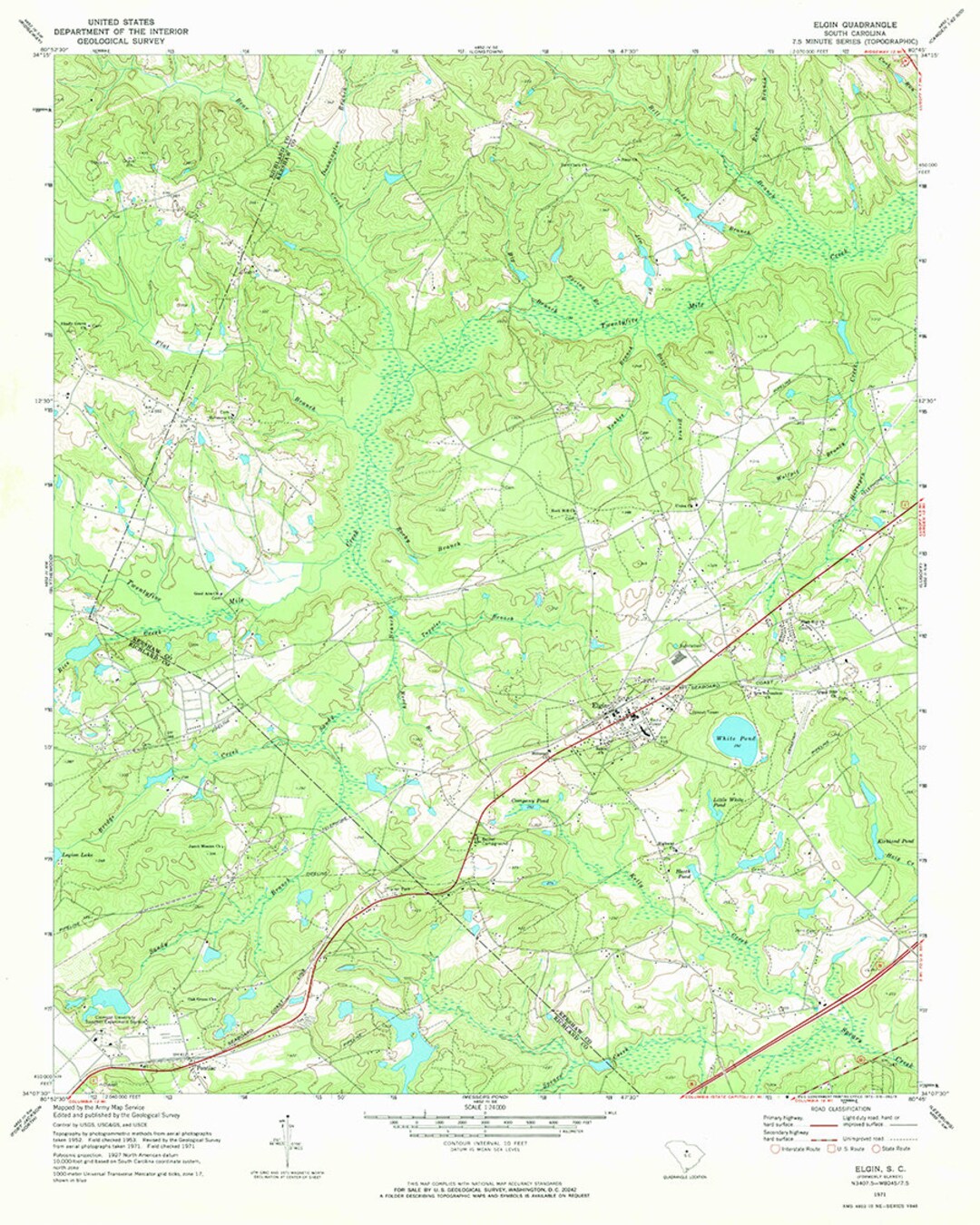 1971 Topo Map of Elgin South Carolina Quadrangle White Pond Etsy